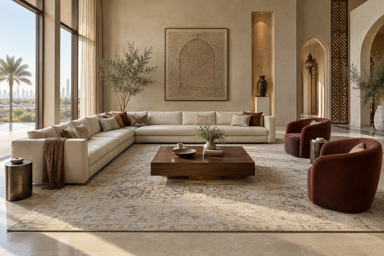 Spacious concept reception room with a cream L-shaped sectional and separate burgundy lounge chairs